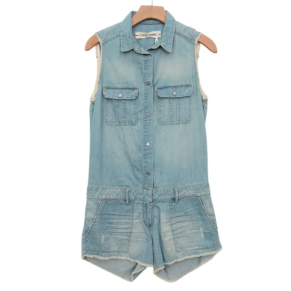 Etienne Marcel Romper Womens Small Blue Frayed Sleeveless Denim Casual Cotton